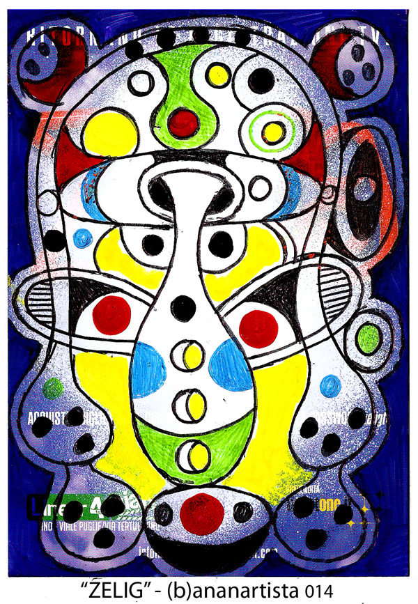 disegno astratto del pittore e poeta (b)ananartista in omaggio ai 18 anni di Zelig - tecnica mista su volantino promozionale - www.bananartista.com